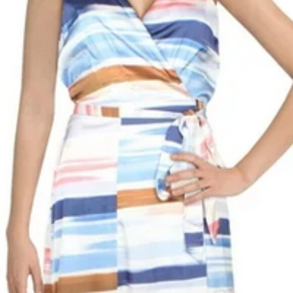 Hutch Satin Printed Sleeveless Midi Wrap Dress Bright Watercolor Stripe - Picture 3 of 8